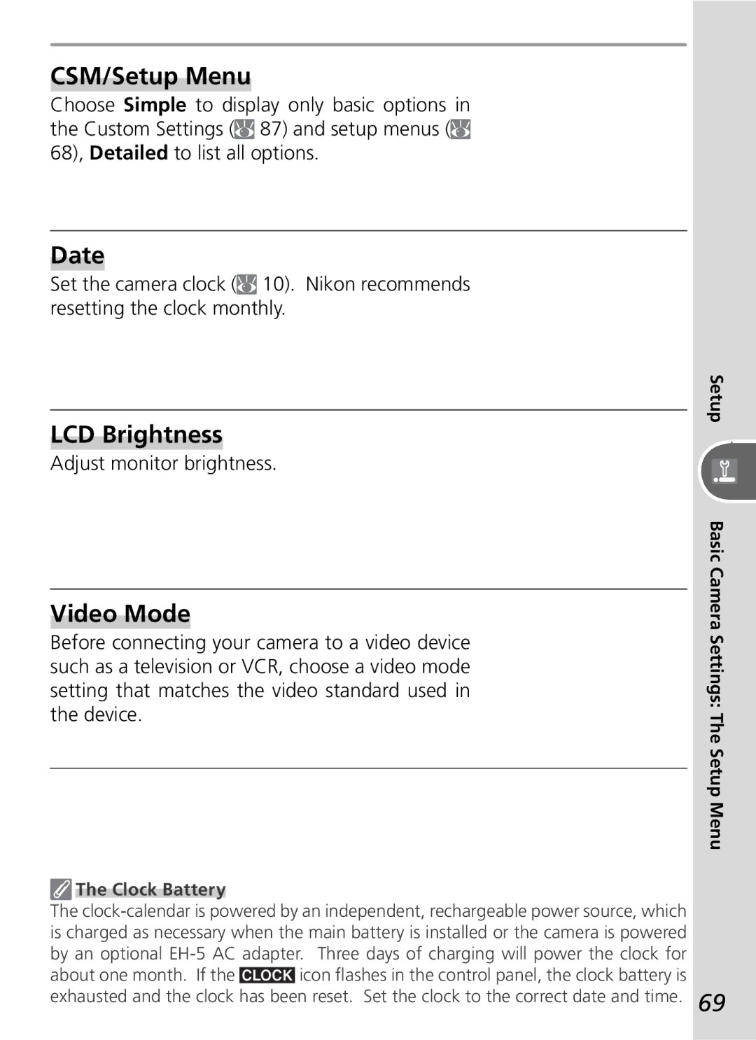 Nikon D50 manual CSM/Setup Menu, Date, LCD Brightness, Video Mode, Adjust monitor brightness 