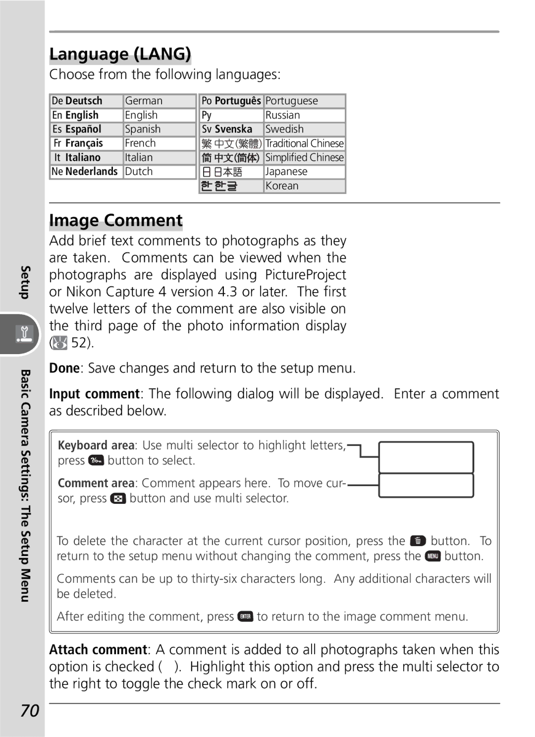 Nikon D50 manual Language Lang, Image Comment, Choose from the following languages 