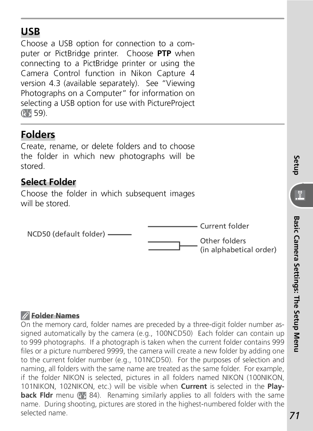 Nikon D50 manual Folders, Select Folder, Choose the folder in which subsequent images will be stored, Setup, Folder Names 