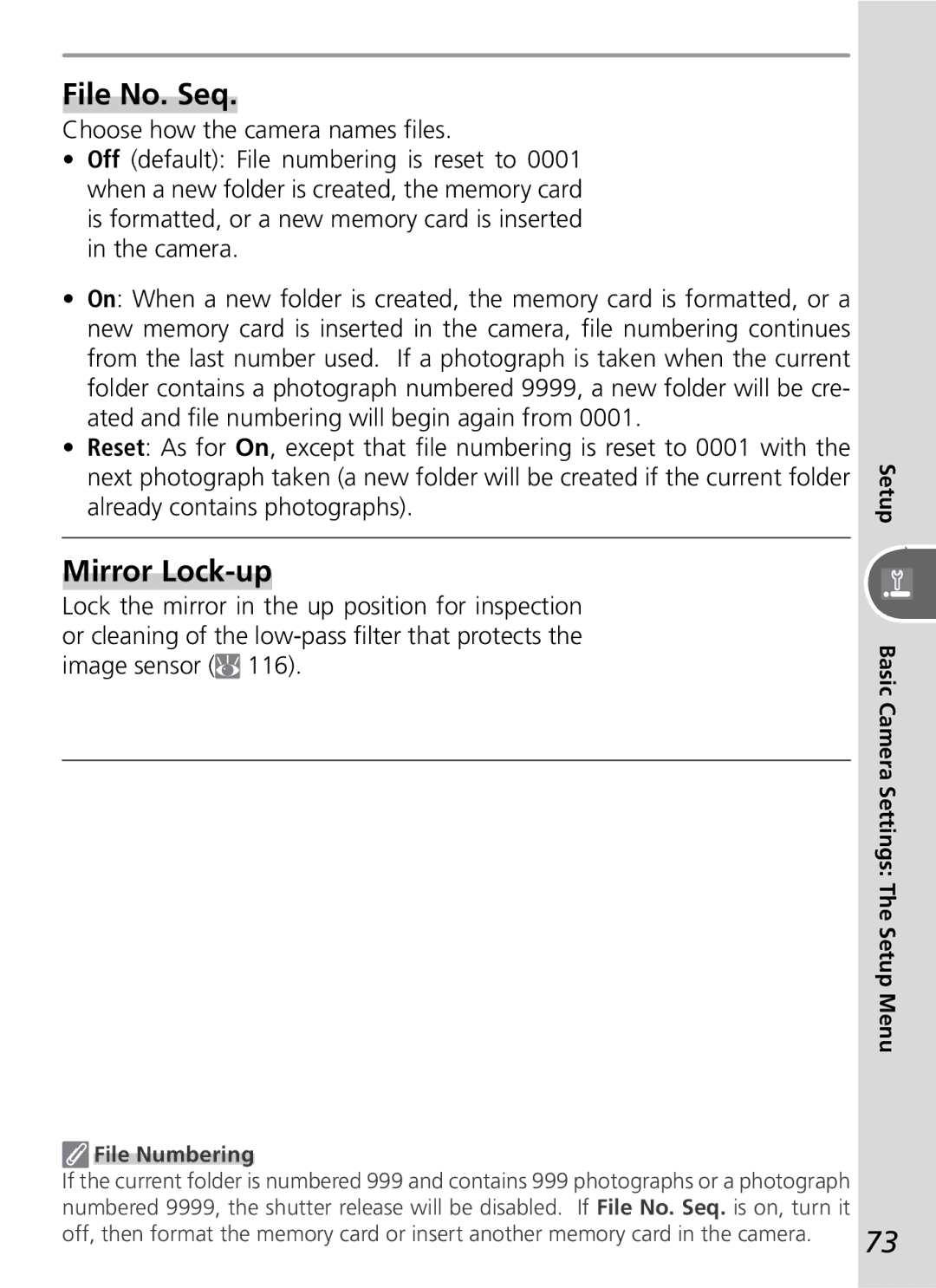 Nikon D50 manual File No. Seq, Mirror Lock-up, File Numbering 