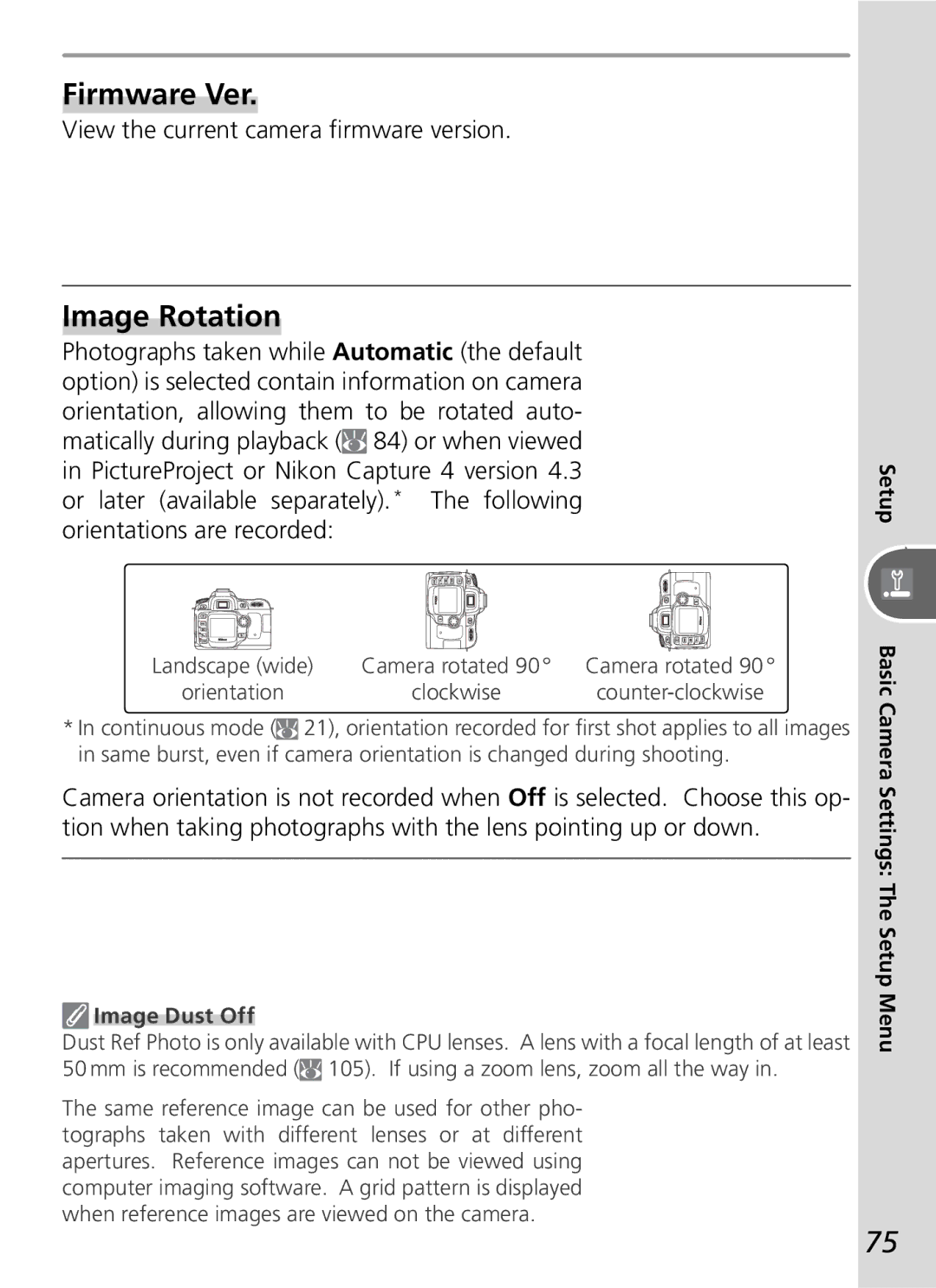 Nikon D50 manual Firmware Ver, Image Rotation, View the current camera ﬁrmware version, Image Dust Off 