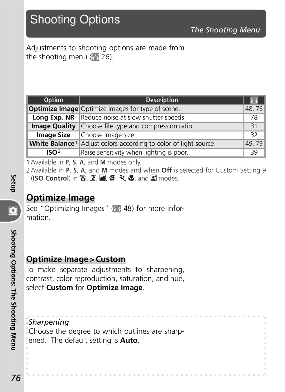 Nikon D50 manual Shooting Options, Optimize Image Custom, See Optimizing Images 48 for more infor- mation, Sharpening 