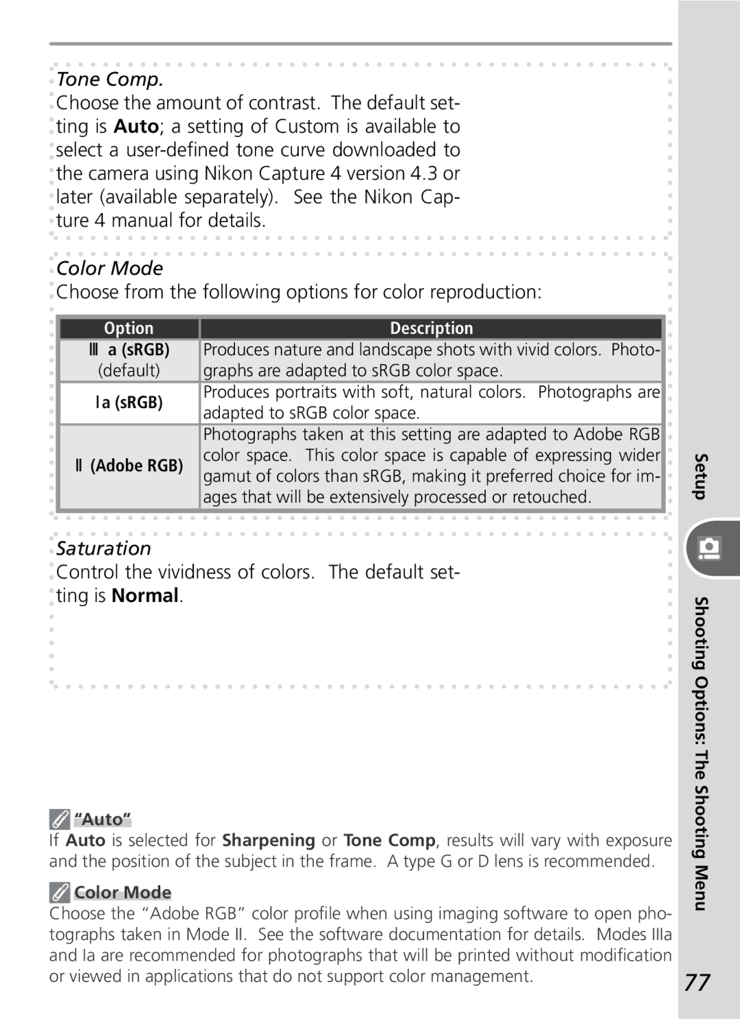 Nikon D50 manual Tone Comp, Color Mode, Choose from the following options for color reproduction, Saturation 