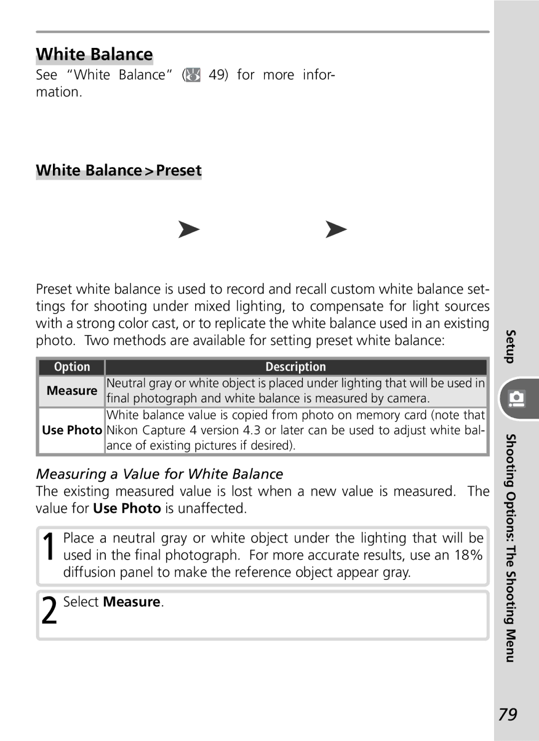 Nikon D50 manual White Balance Preset, See White Balance 49 for more infor- mation, Measuring a Value for White Balance 