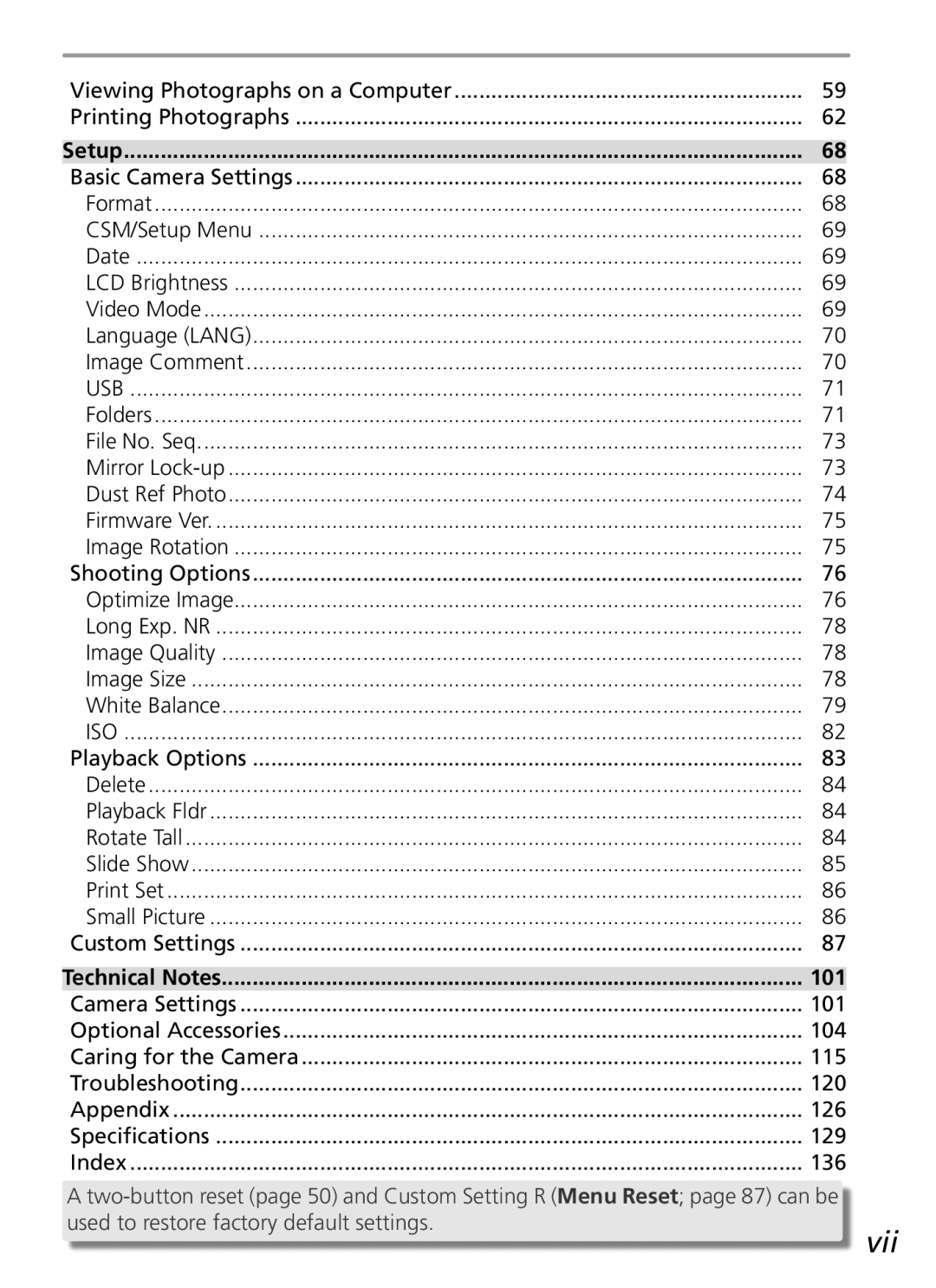 Nikon D50 manual Vii, Viewing Photographs on a Computer Printing Photographs, 101 