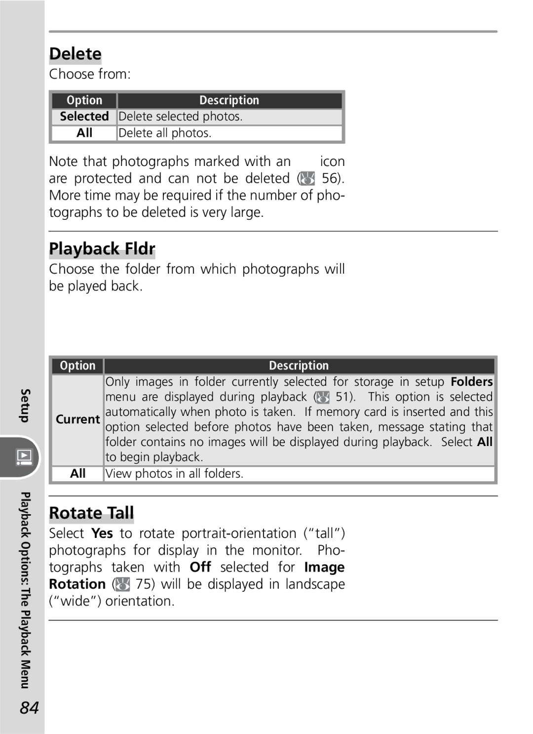 Nikon D50 manual Delete, Playback Fldr, Rotate Tall, Choose from, All 