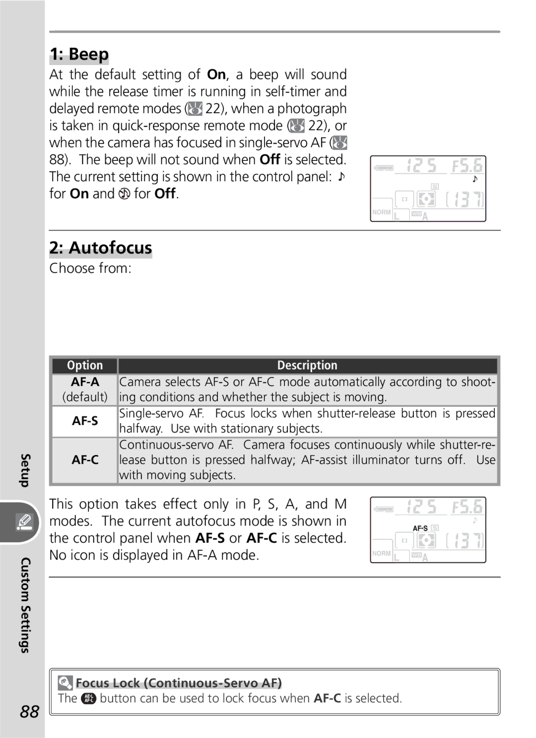 Nikon D50 manual Beep, Autofocus, Focus Lock Continuous-Servo AF 