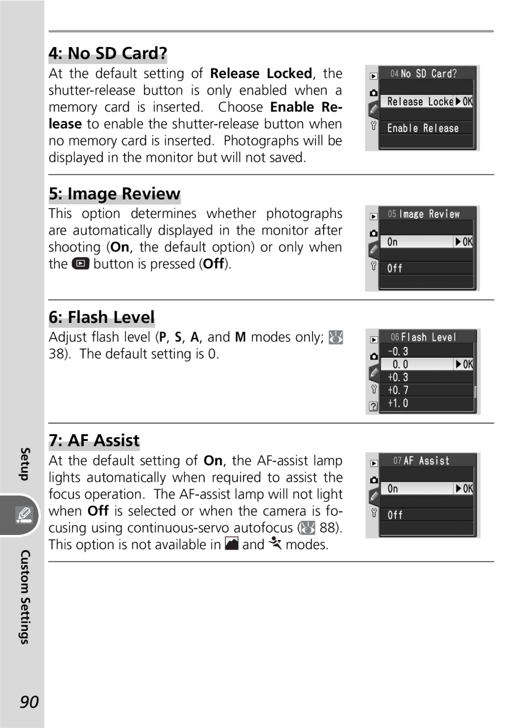 Nikon D50 manual No SD Card?, Image Review, Flash Level, AF Assist 