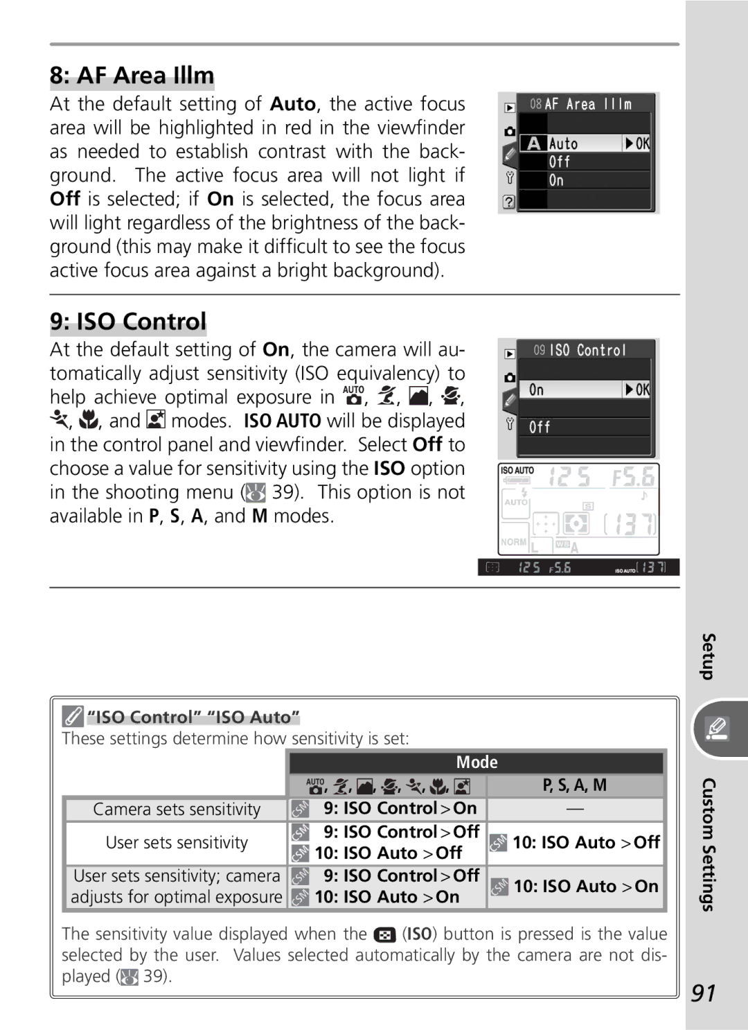 Nikon D50 manual AF Area Illm, ISO Control ISO Auto, Mode 