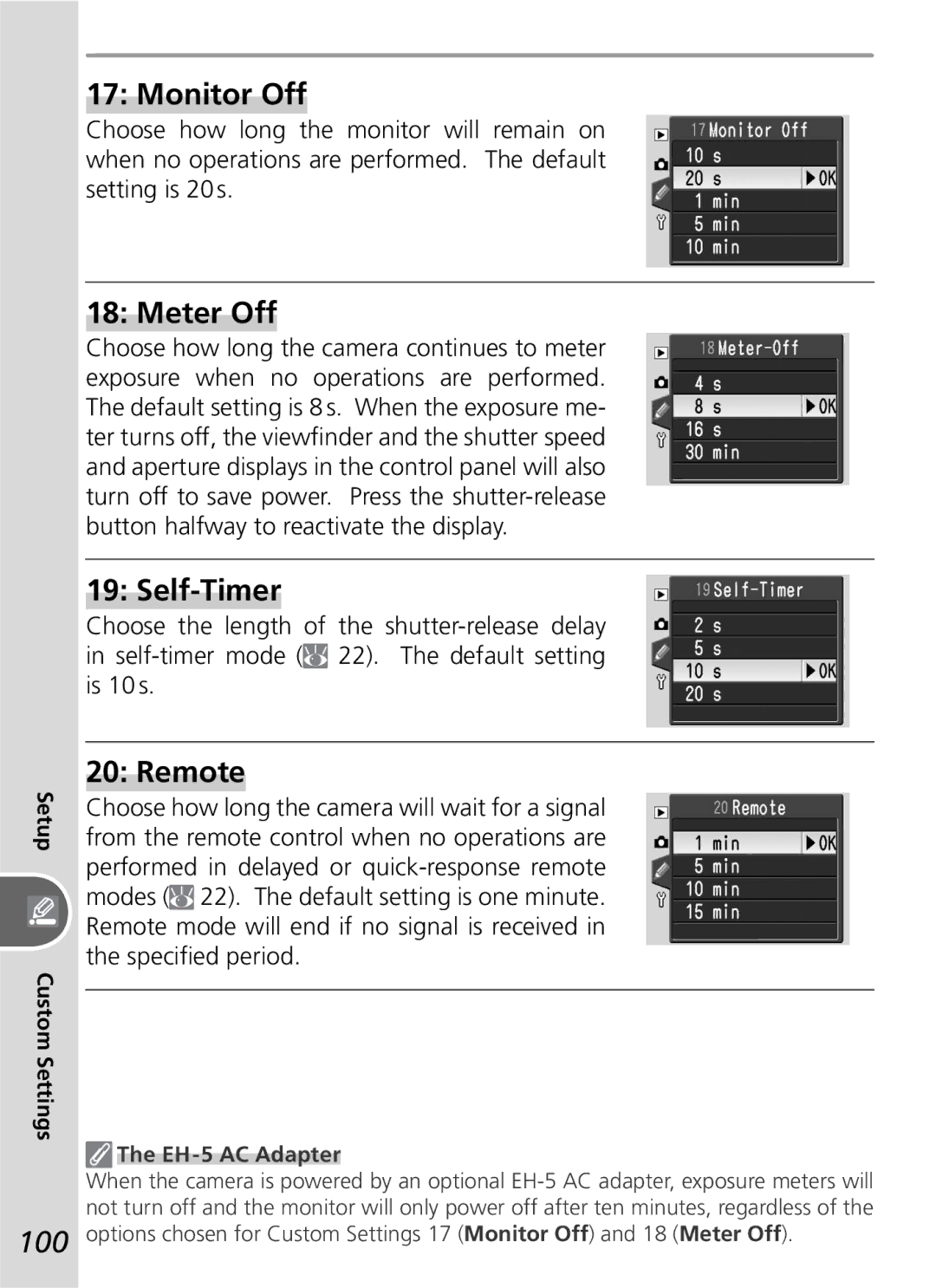 Nikon D50 manual Monitor Off, Meter Off, Self-Timer, Remote, EH-5 AC Adapter 