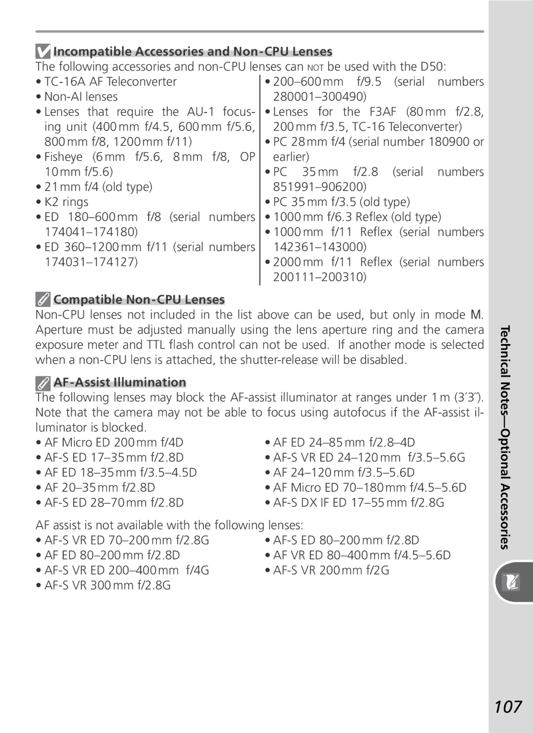 Nikon D50 manual 107, Incompatible Accessories and Non-CPU Lenses, Compatible Non-CPU Lenses, AF-Assist Illumination 