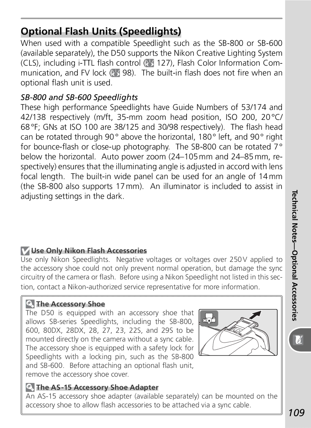 Nikon D50 manual Optional Flash Units Speedlights, 109, SB-800 and SB-600 Speedlights 