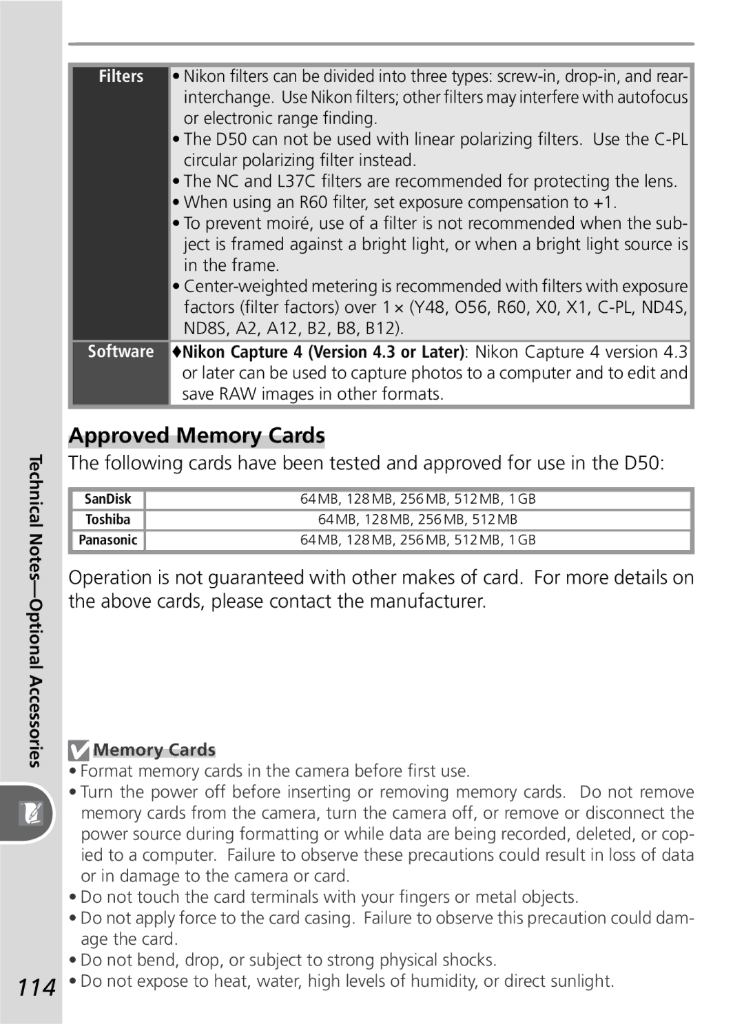 Nikon D50 manual 114, Approved Memory Cards 