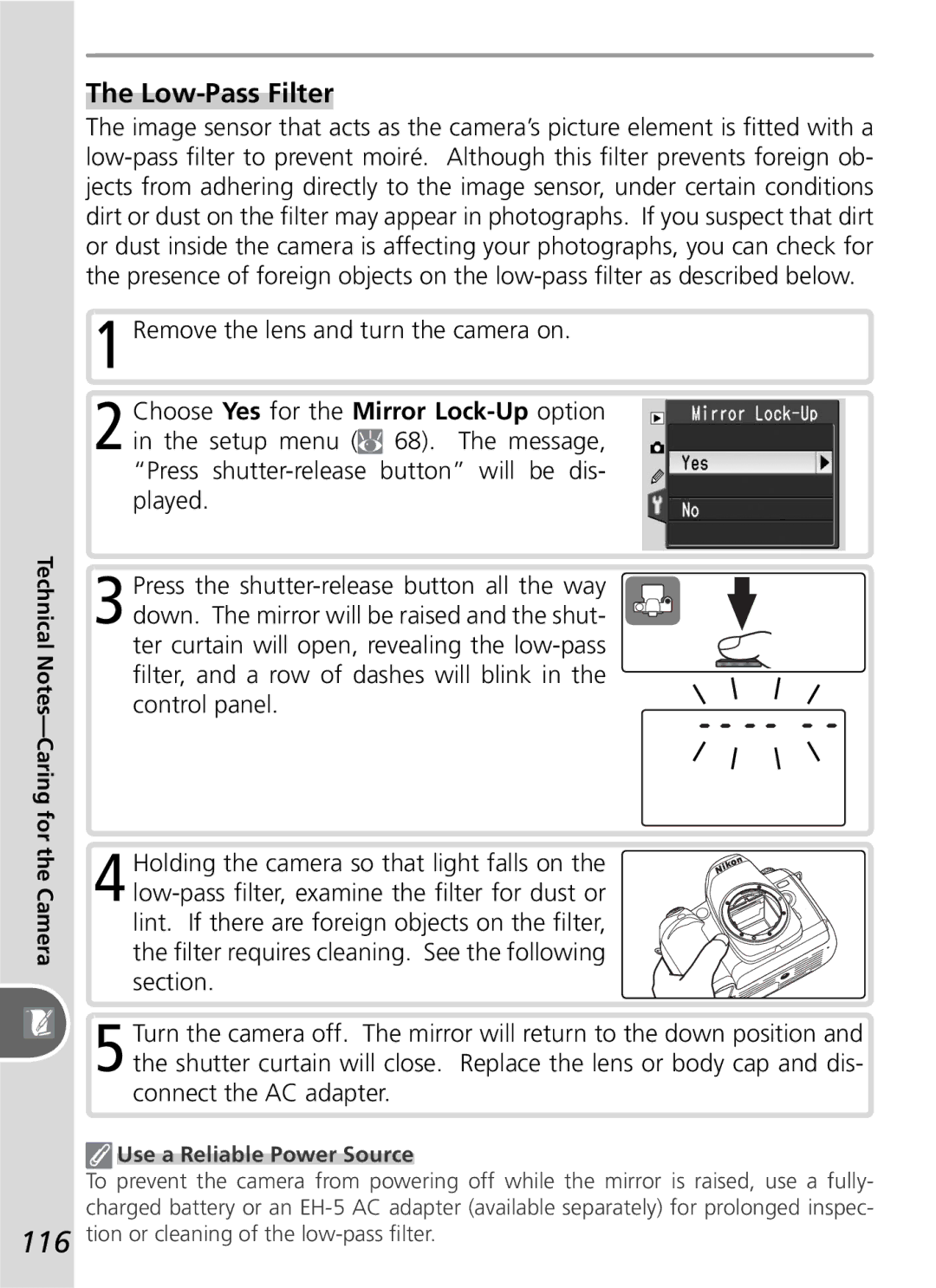 Nikon D50 manual Low-Pass Filter, Remove the lens and turn the camera on, Use a Reliable Power Source 