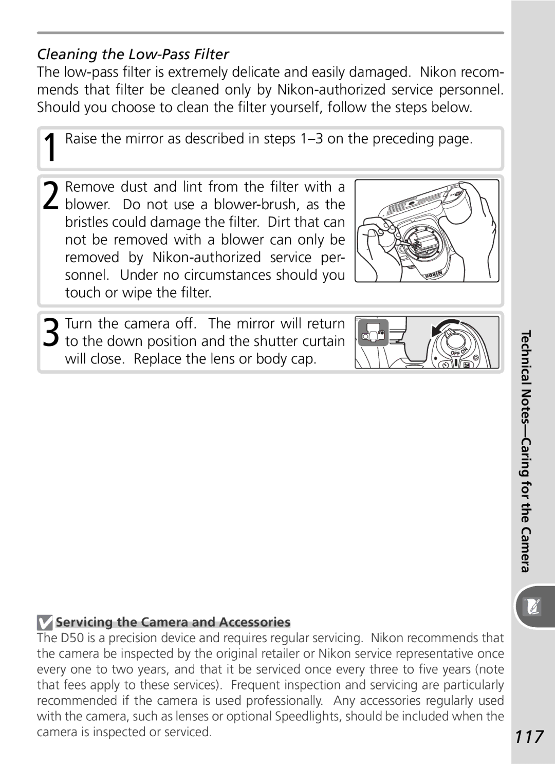 Nikon D50 manual 117, Cleaning the Low-Pass Filter, Servicing the Camera and Accessories 