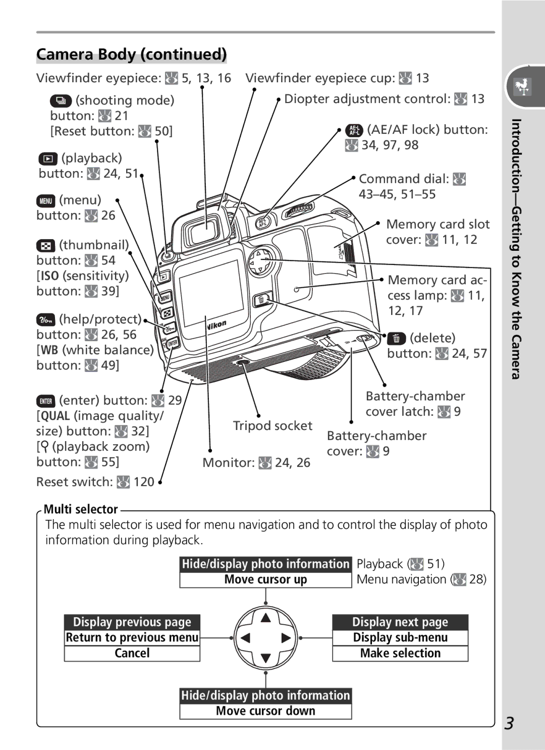 Nikon D50 manual Camera Body, Multi selector, Playback, Menu navigation 