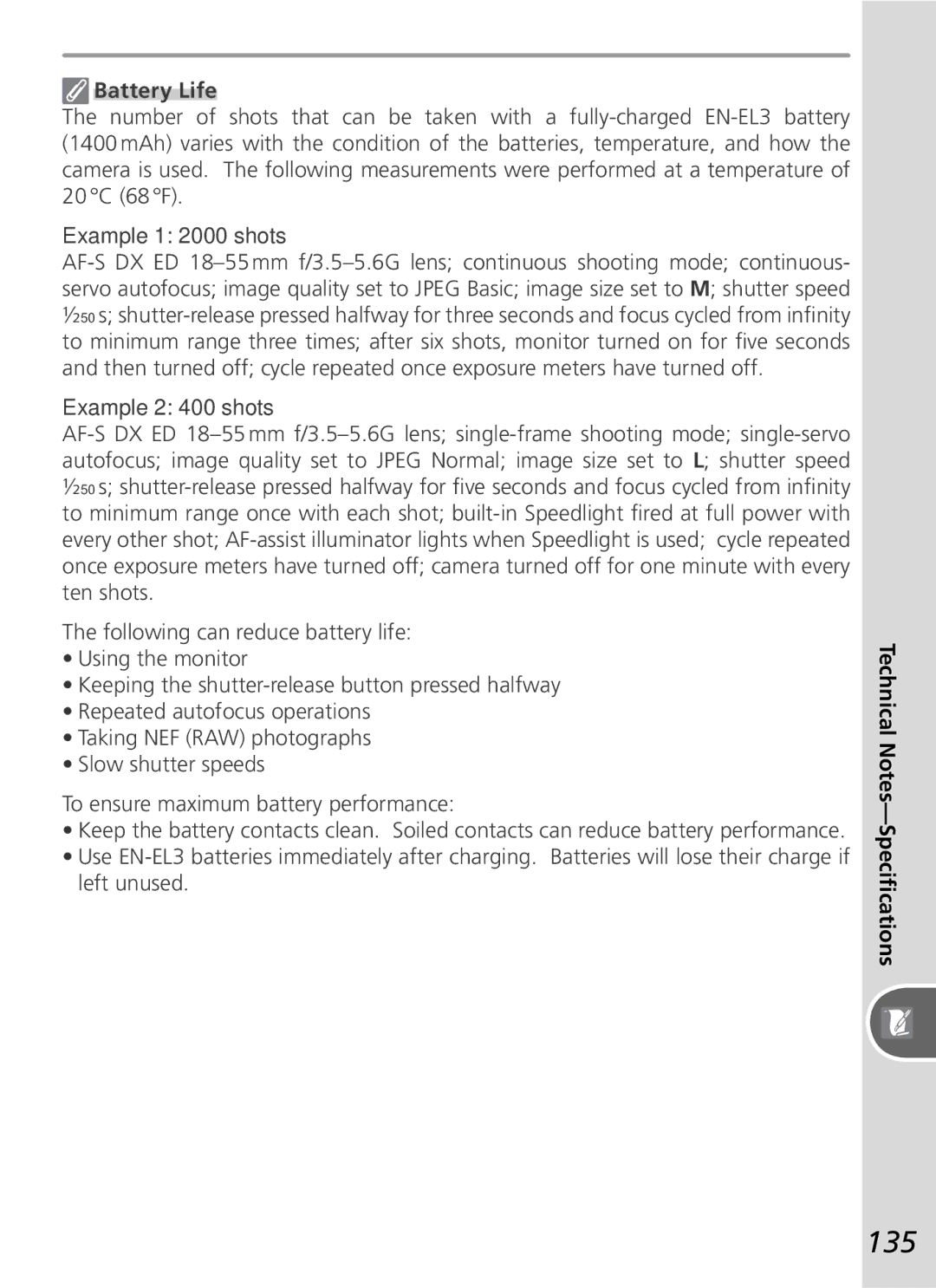 Nikon D50 manual 135, Battery Life 