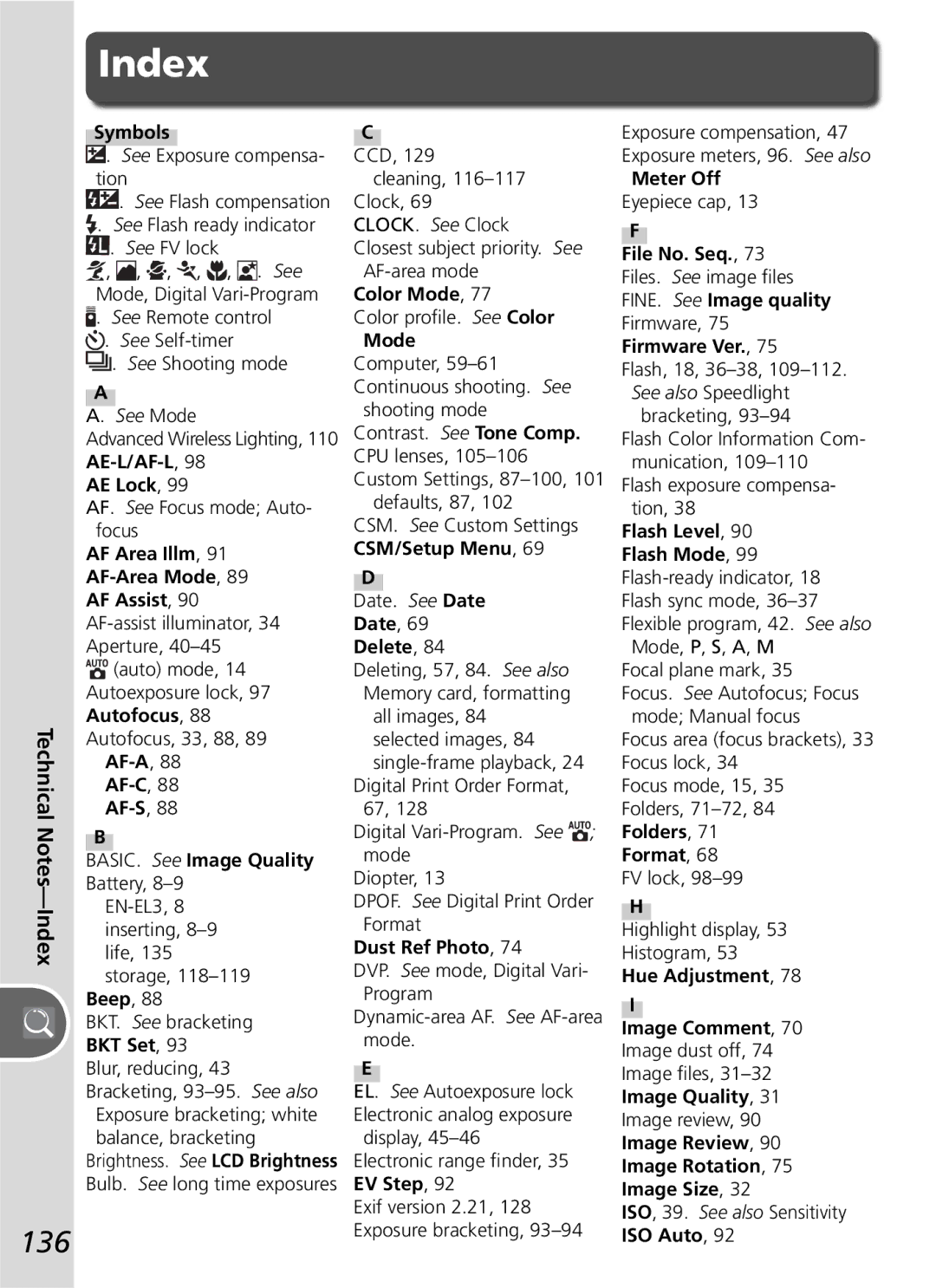 Nikon D50 manual 136, Technical Notes-Index 