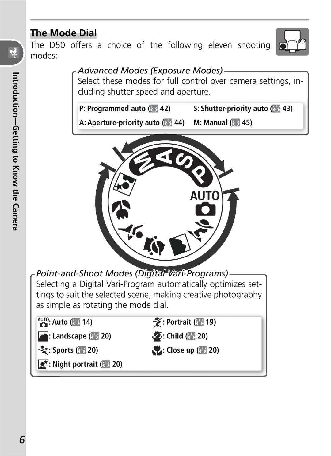 Nikon manual Mode Dial, D50 offers a choice of the following eleven shooting modes, Advanced Modes Exposure Modes 