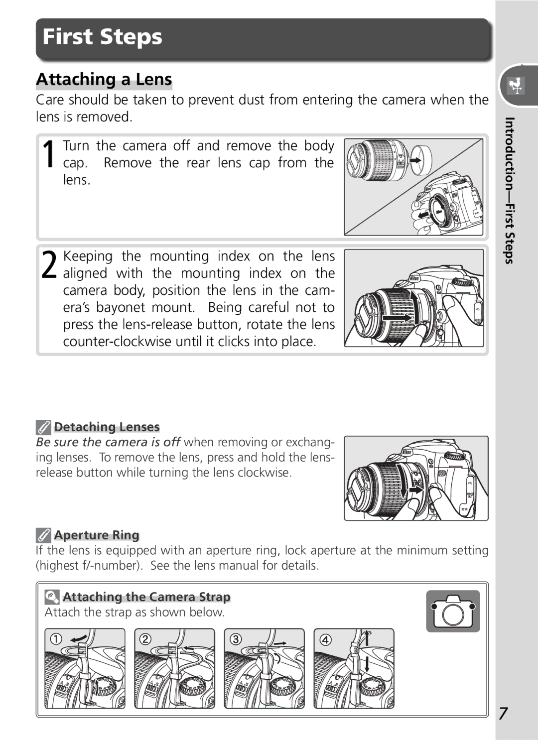 Nikon D50 manual First Steps, Attaching a Lens, Detaching Lenses, Aperture Ring, Attaching the Camera Strap 