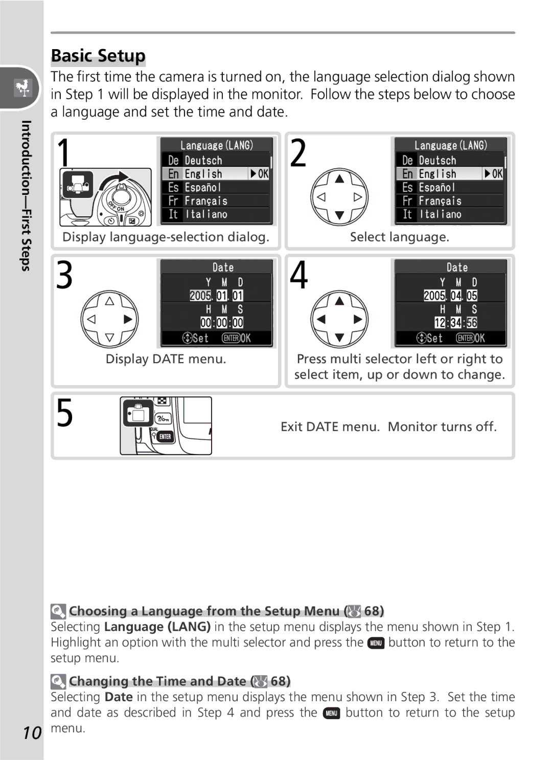 Nikon D50 manual Basic Setup, Choosing a Language from the Setup Menu, Changing the Time and Date 