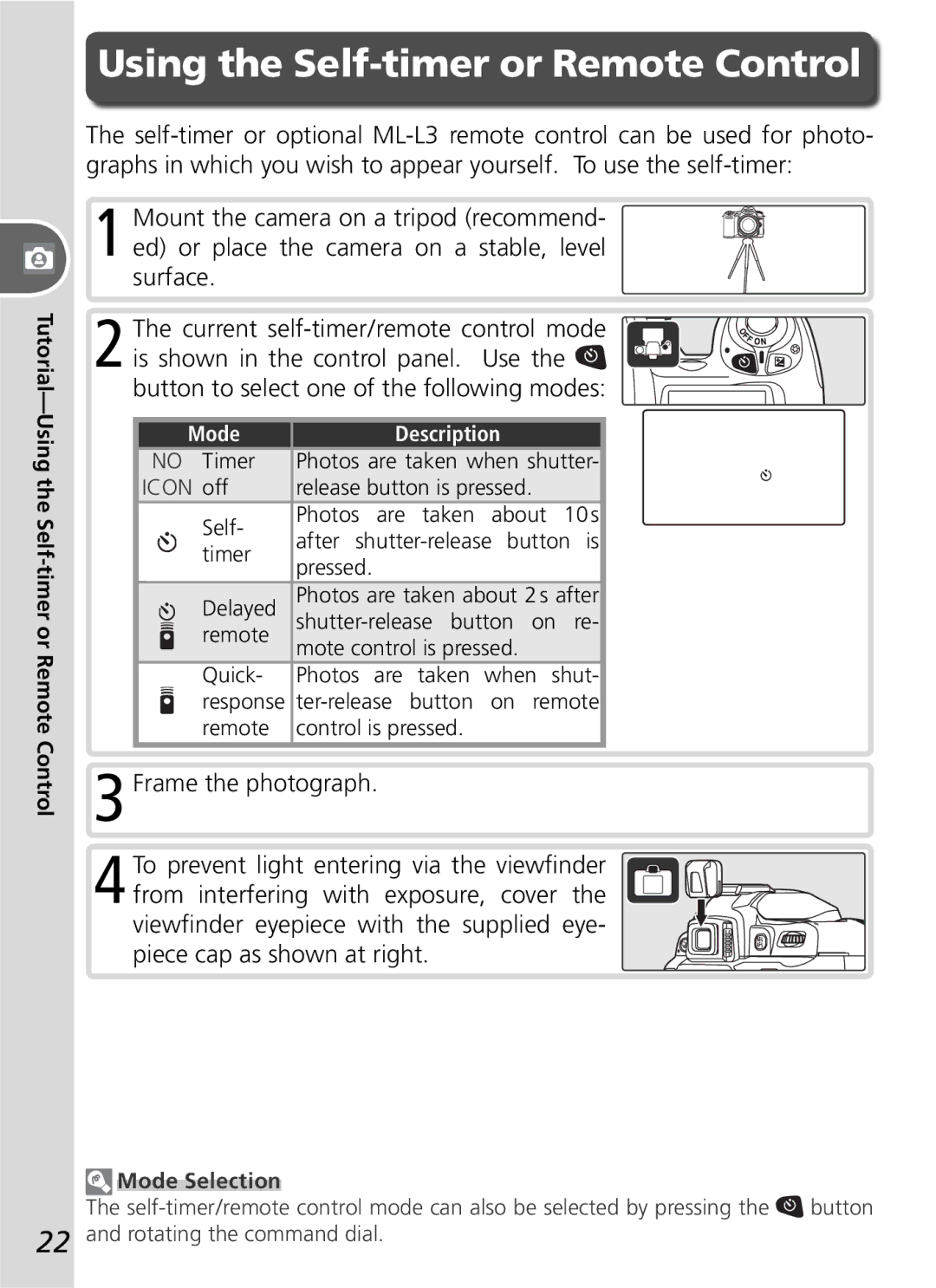 Nikon D50 manual Tutorial-Using the Self-timer or Remote Control, Mode Selection 