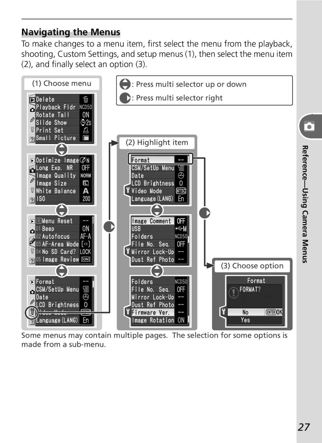 Nikon D50 manual Navigating the Menus 