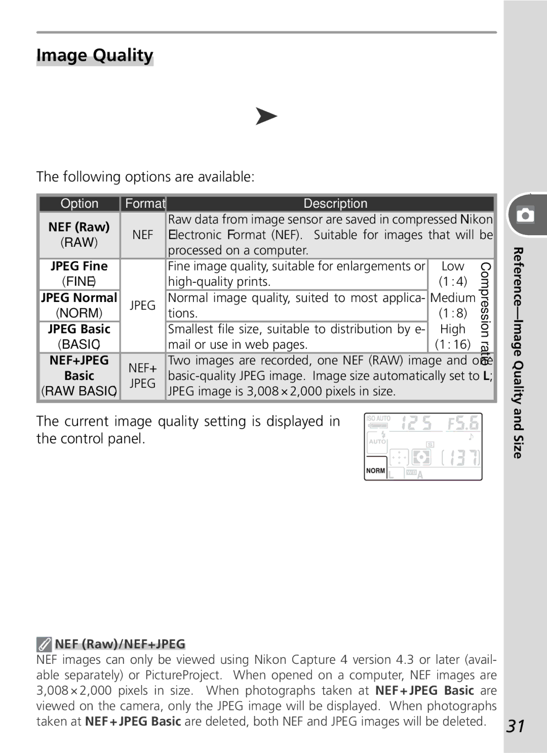 Nikon D50 manual Following options are available, Option, NEF Raw/NEF+JPEG, Reference-Image Quality and Size 