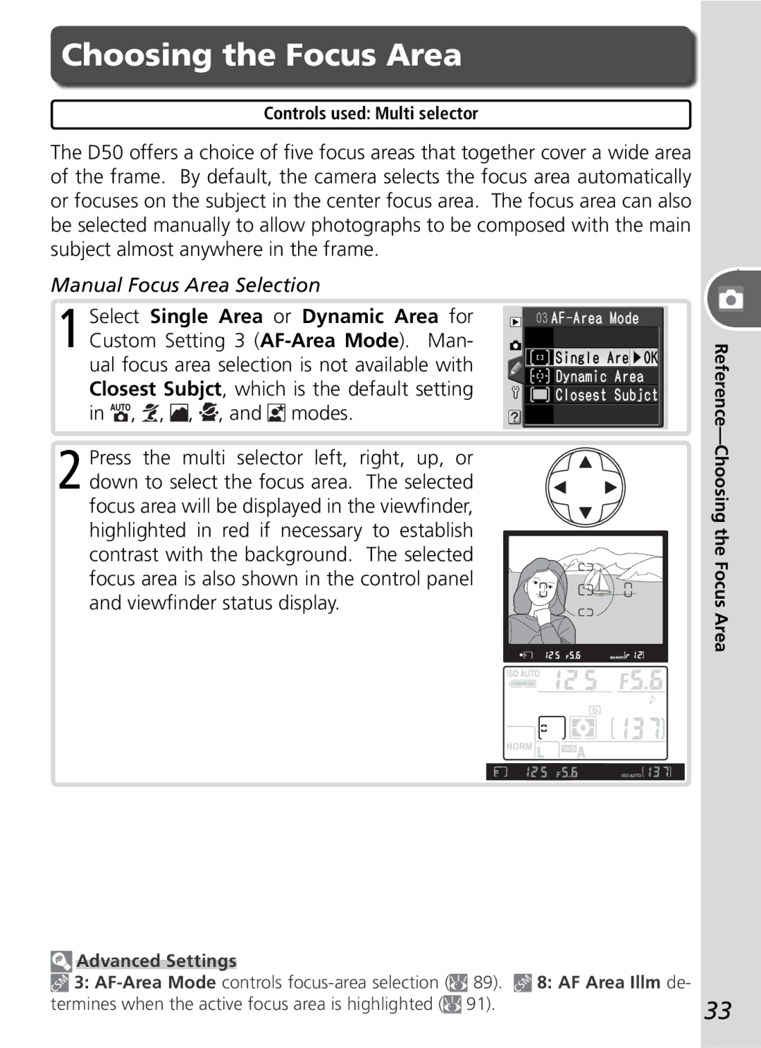 Nikon D50 manual Choosing the Focus Area, Manual Focus Area Selection, Advanced Settings, AF Area Illm de 