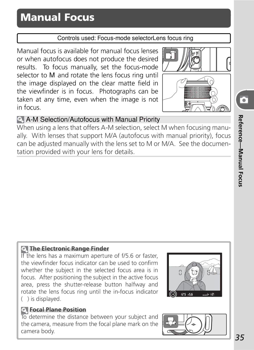 Nikon D50 manual Manual Focus, Selection/Autofocus with Manual Priority, Electronic Range Finder, Focal Plane Position 