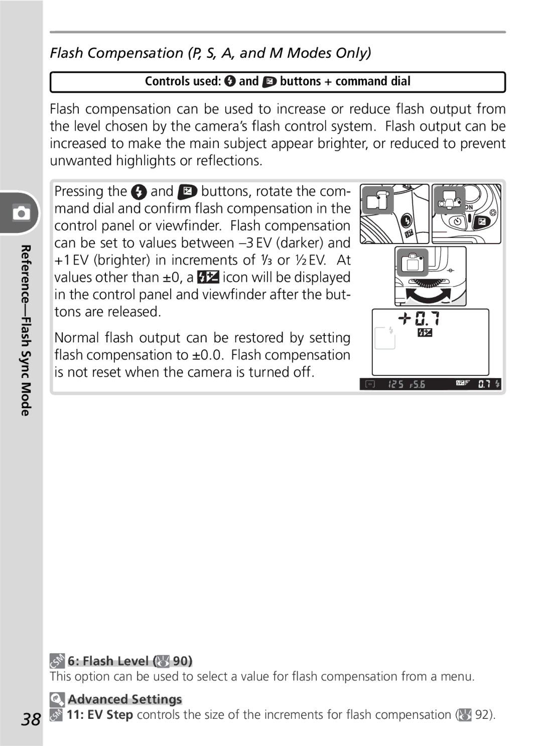 Nikon D50 manual Flash Compensation P, S, A, and M Modes Only, Controls used and buttons + command dial, Flash Level 