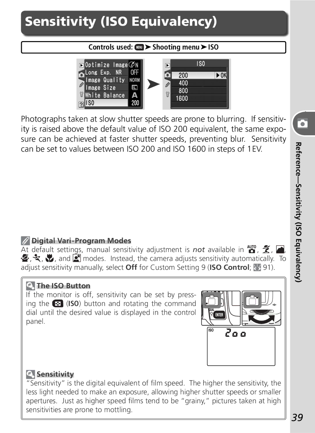 Nikon D50 manual Sensitivity ISO Equivalency, Digital Vari-Program Modes, ISO Button 