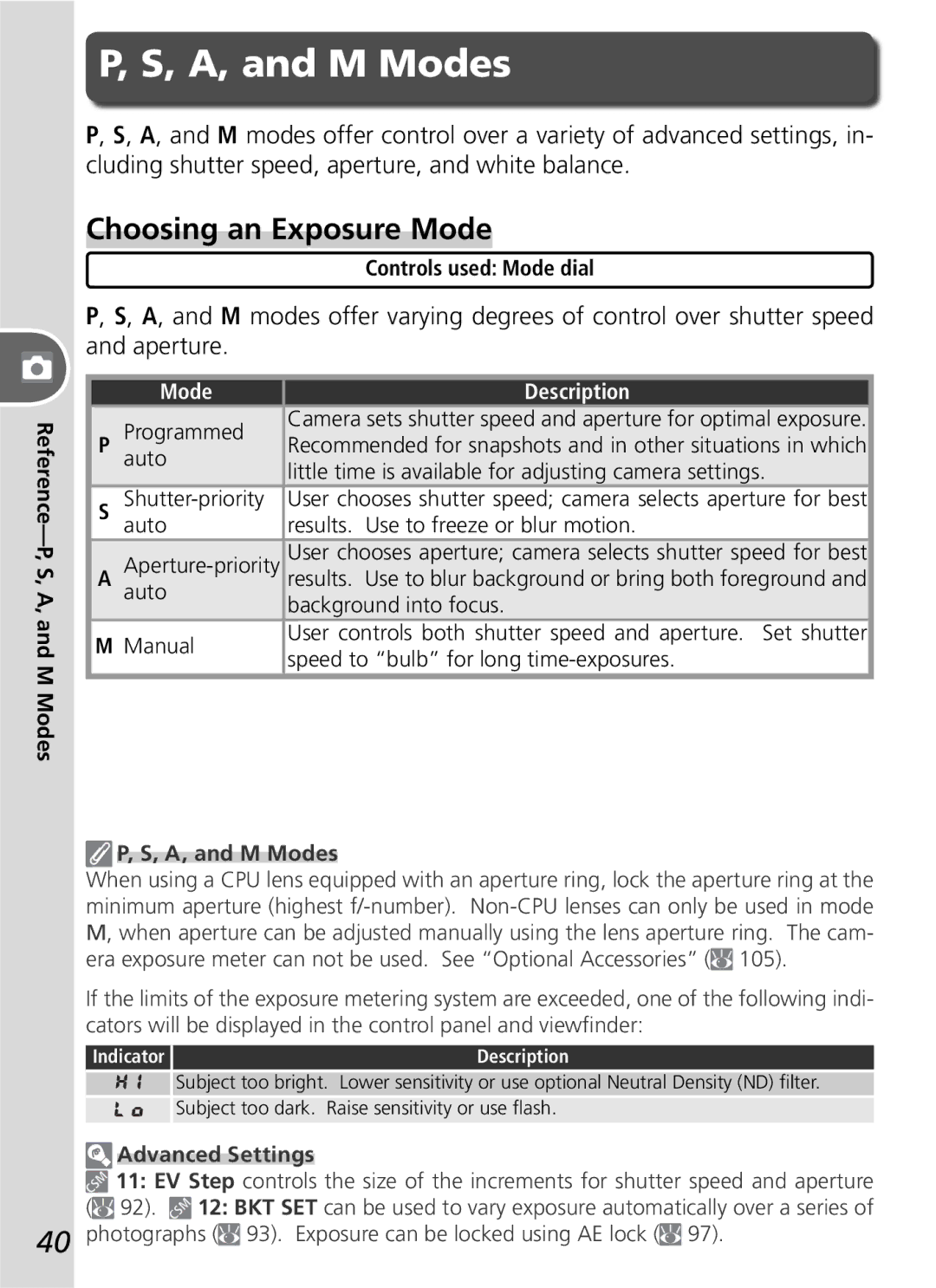 Nikon D50 manual Choosing an Exposure Mode, Controls used Mode dial, Reference-P, S, A, and M Modes 