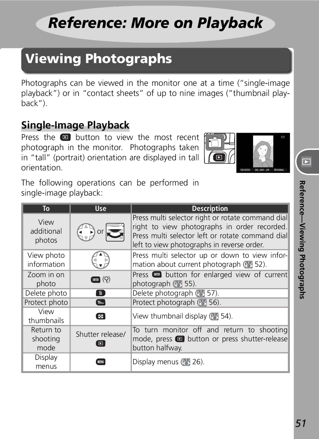 Nikon D50 manual Single-Image Playback, Reference-Viewing Photographs 