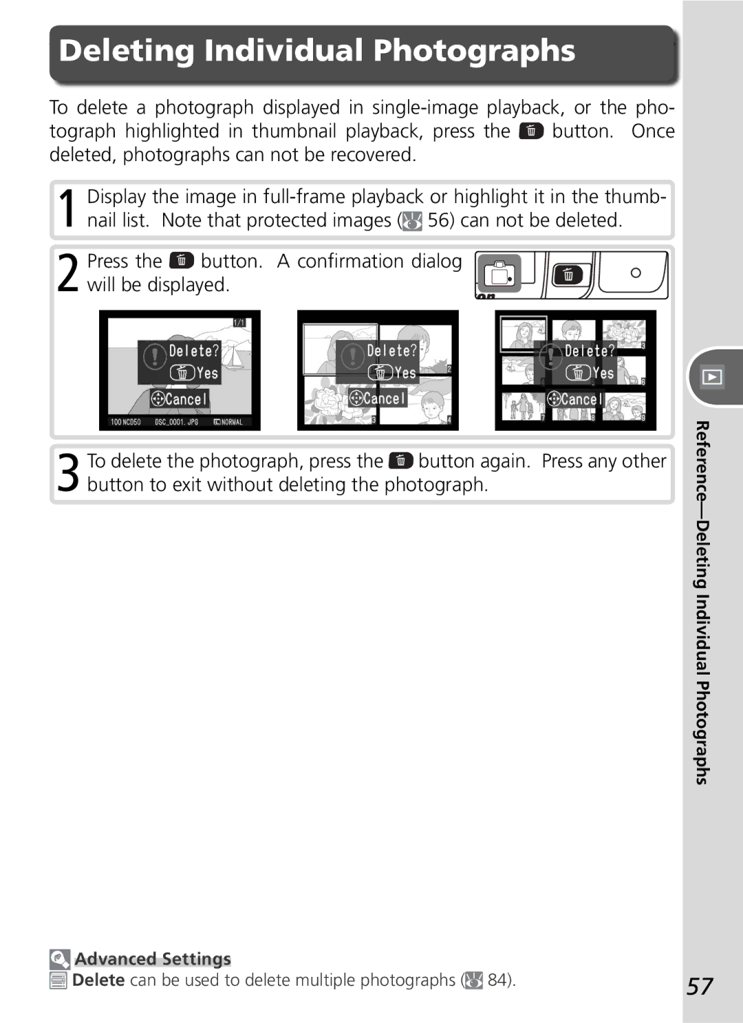 Nikon D50 manual Deleting Individual Photographs, Nail list. Note that protected images 56 can not be deleted 