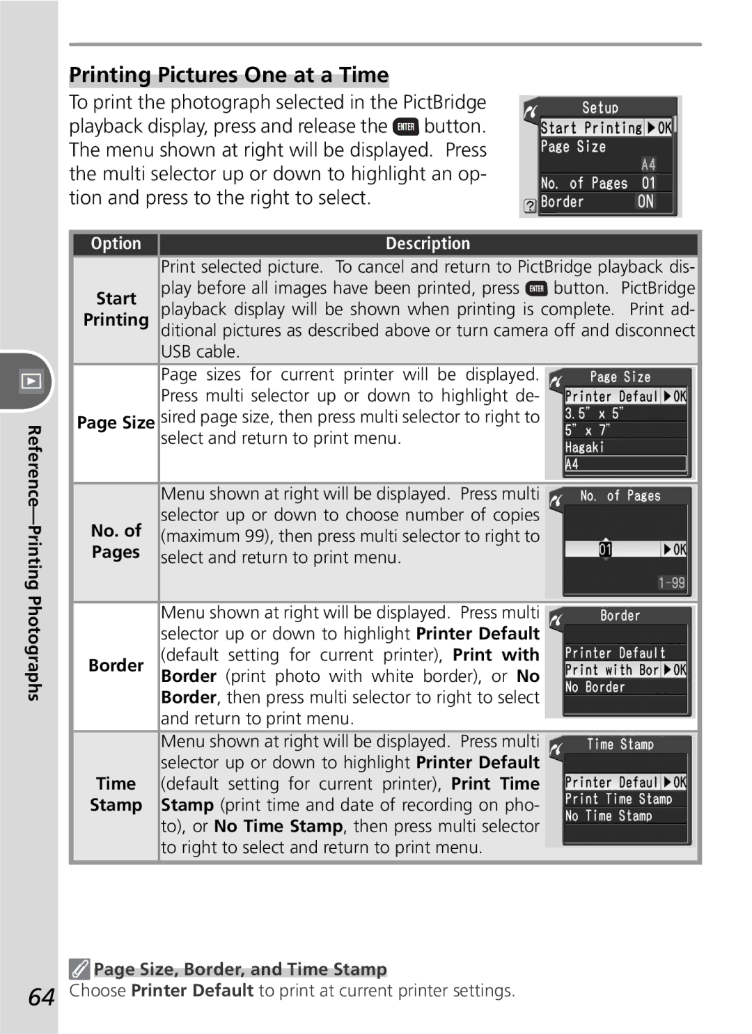 Nikon D50 manual Printing Pictures One at a Time, Start, Size, Border, and Time Stamp 