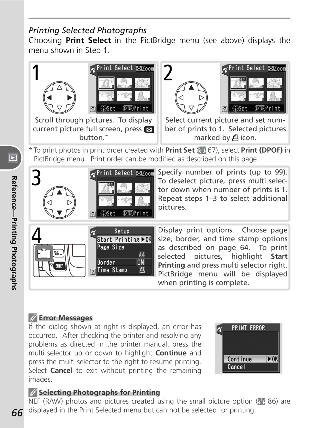 Nikon D50 manual Printing Selected Photographs, Error Messages, Selecting Photographs for Printing 