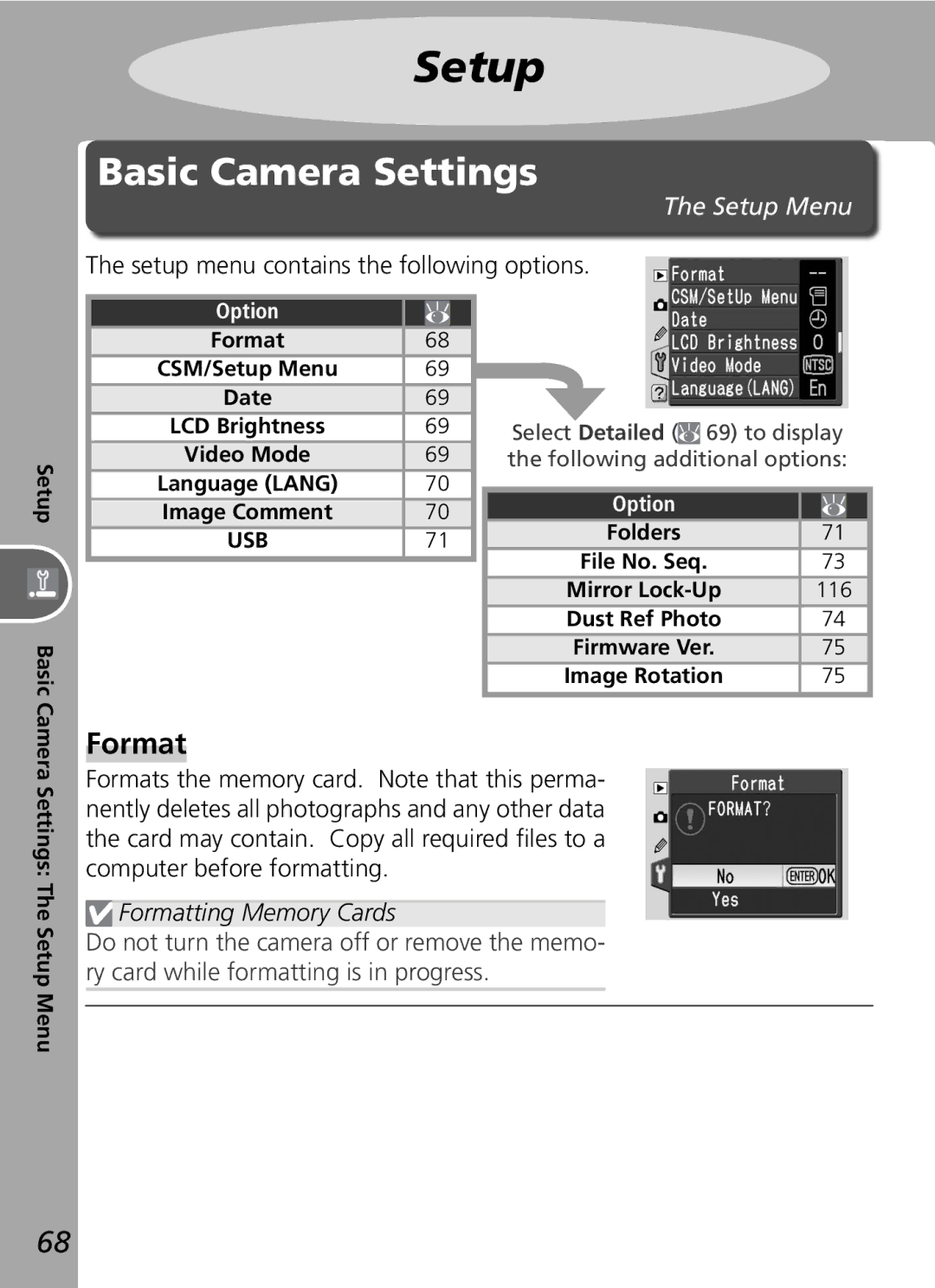 Nikon D50 manual Basic Camera Settings, Setup menu contains the following options, Formatting Memory Cards 