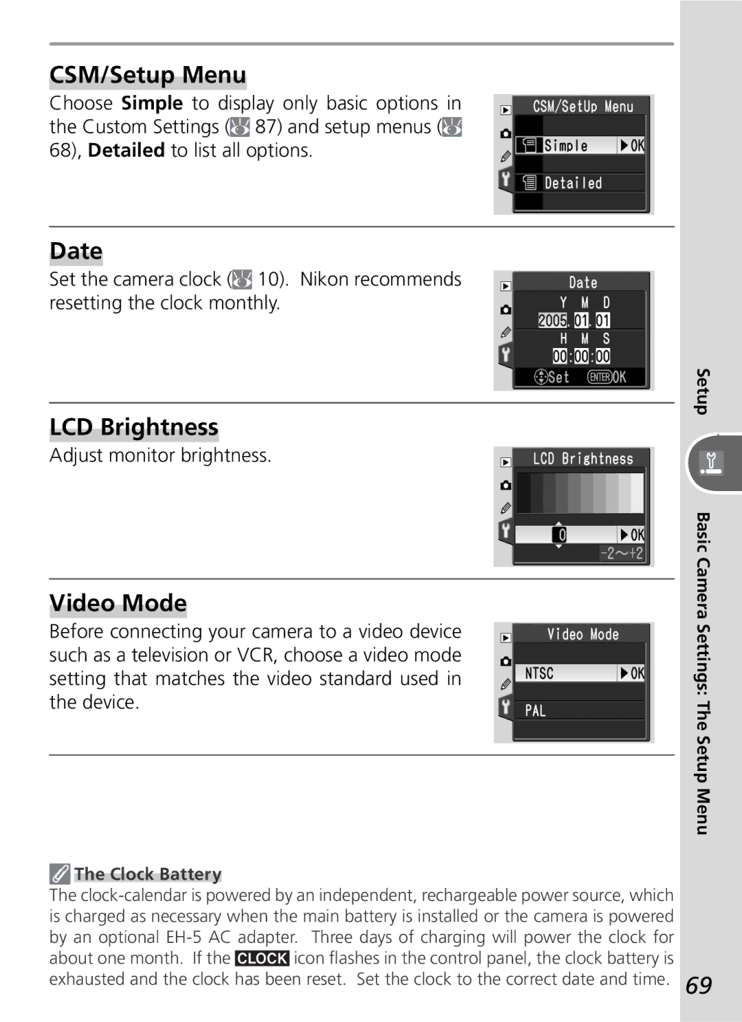 Nikon D50 manual CSM/Setup Menu, Date, LCD Brightness, Video Mode, Adjust monitor brightness 