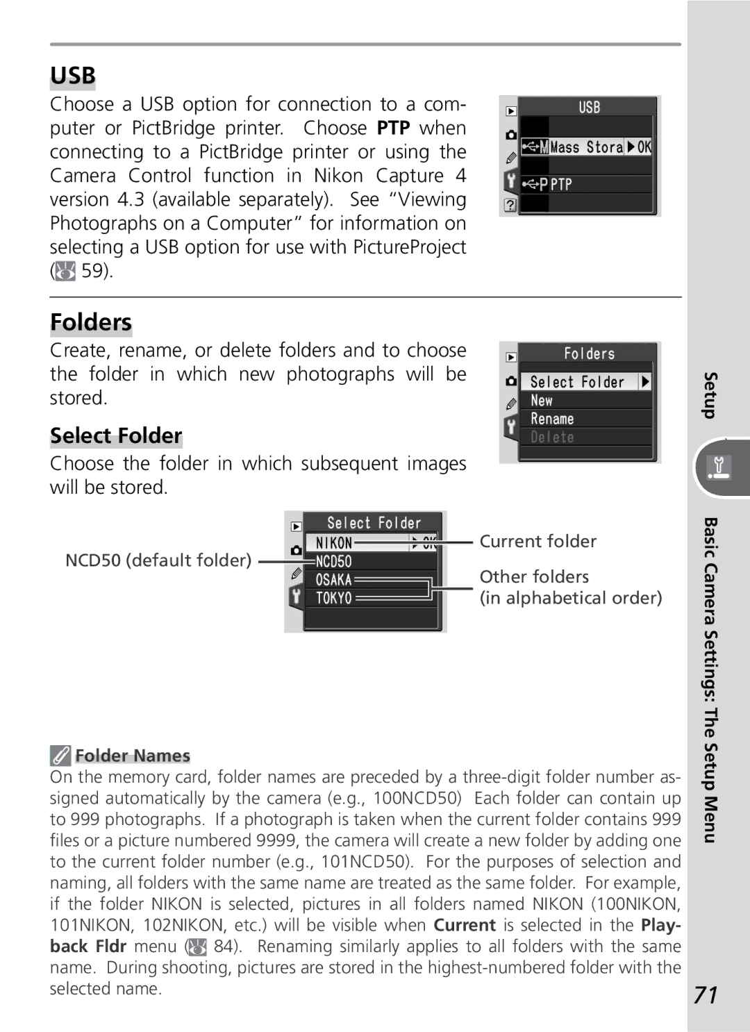 Nikon D50 manual Folders, Select Folder, Choose the folder in which subsequent images will be stored, Setup, Folder Names 