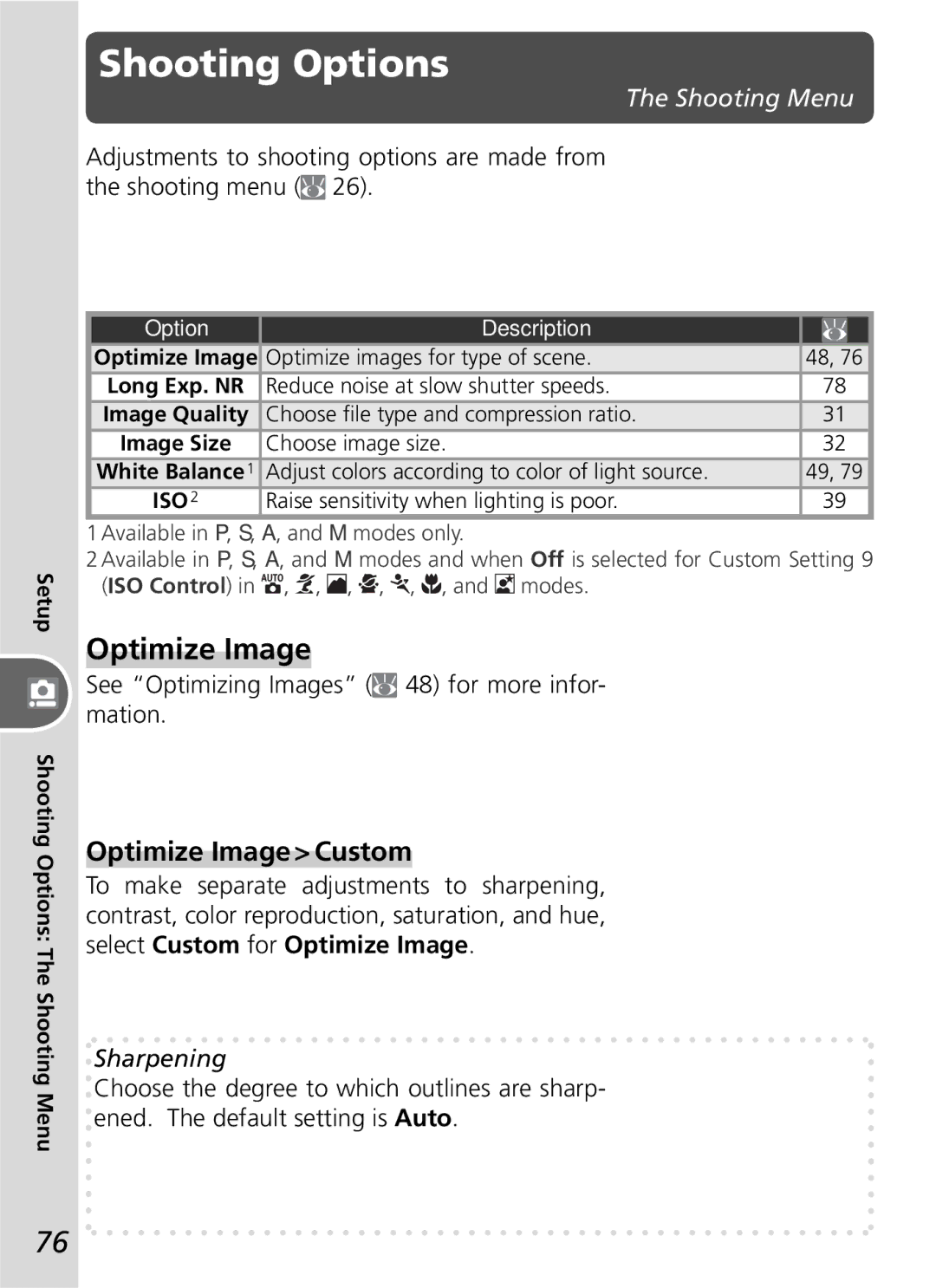 Nikon D50 manual Shooting Options, Optimize Image Custom, See Optimizing Images 48 for more infor- mation, Sharpening 