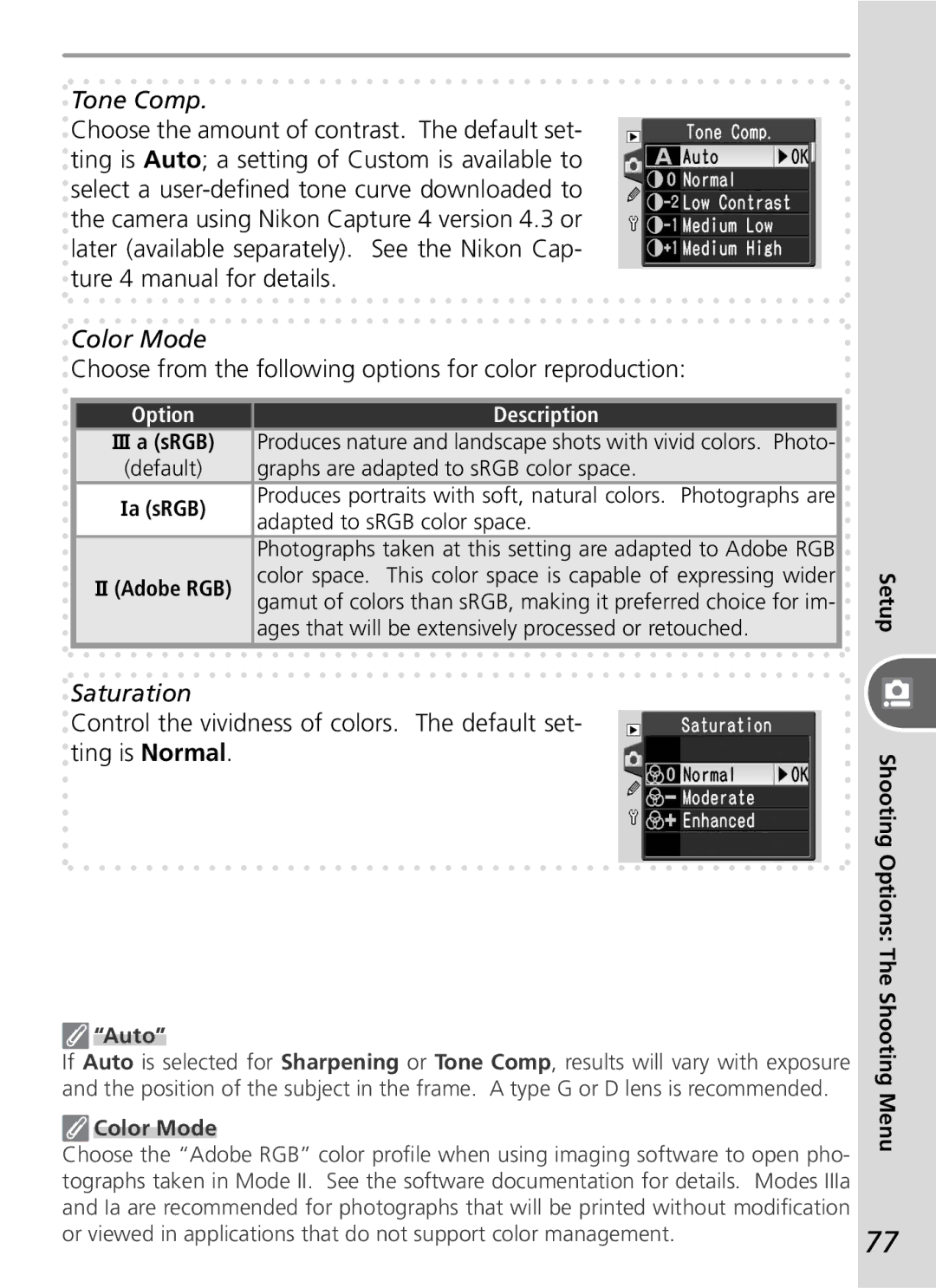 Nikon D50 manual Tone Comp, Color Mode, Choose from the following options for color reproduction, Saturation 