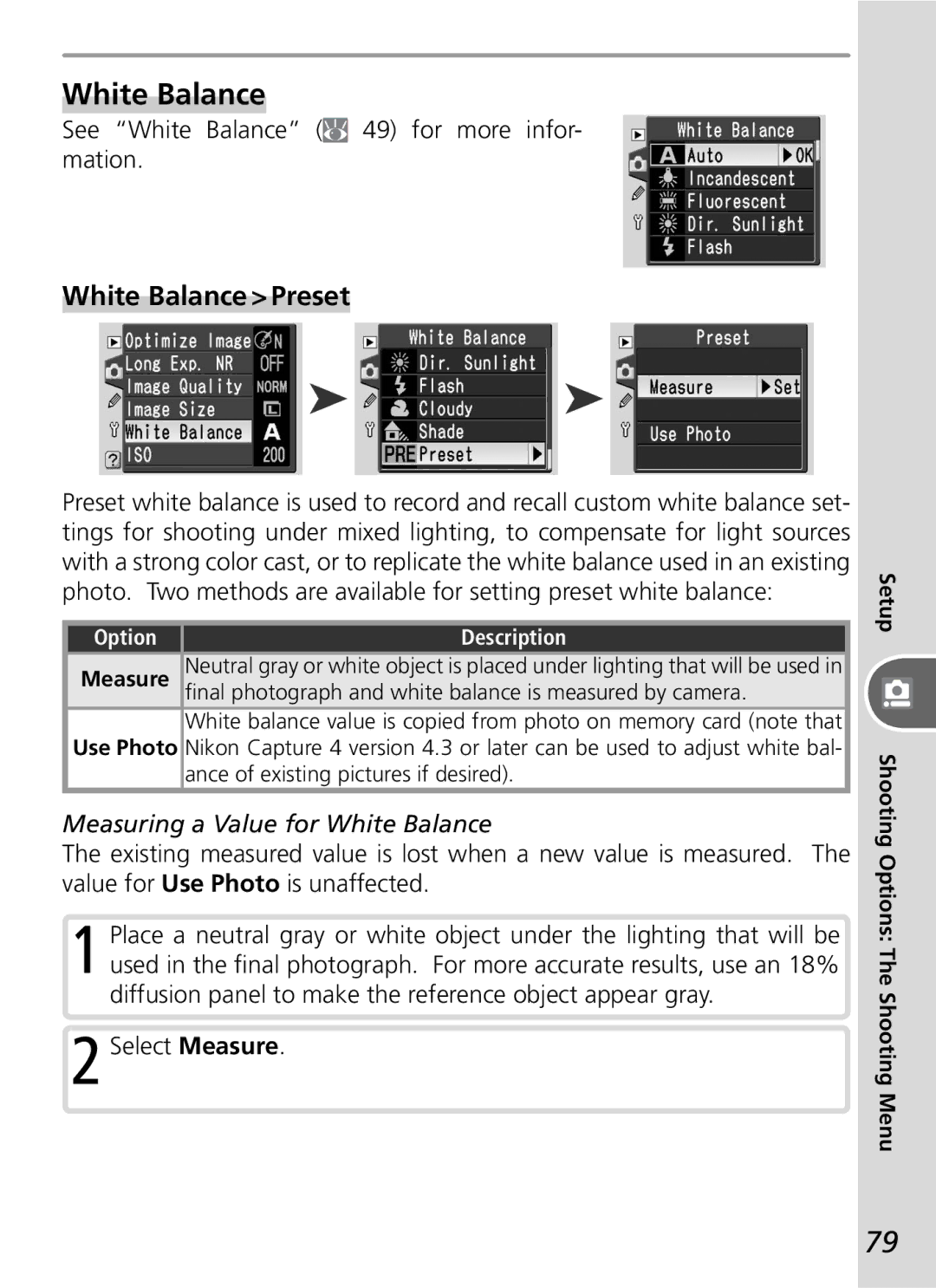 Nikon D50 manual White Balance Preset, See White Balance 49 for more infor- mation, Measuring a Value for White Balance 