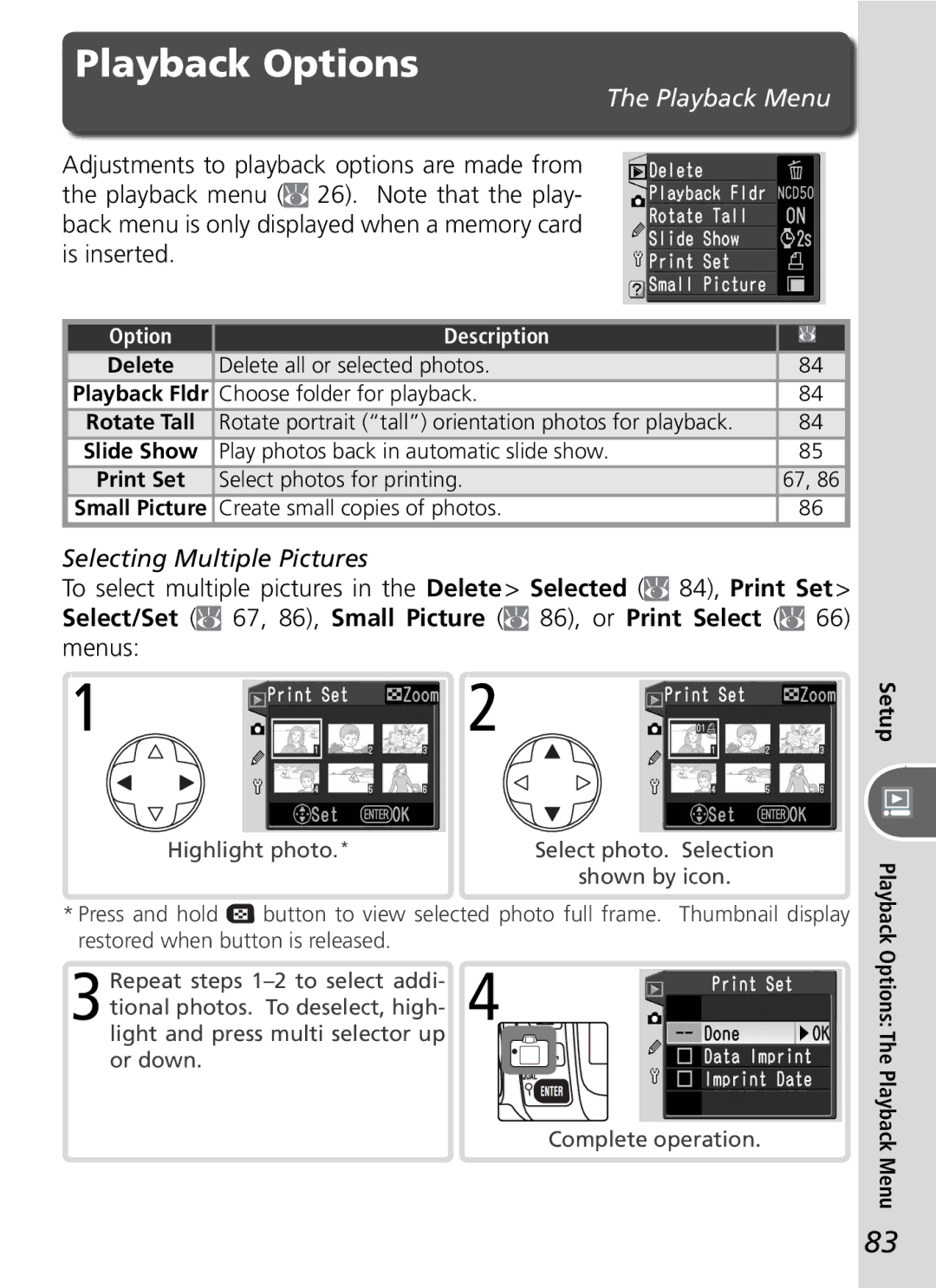 Nikon D50 manual Playback Options, Selecting Multiple Pictures 