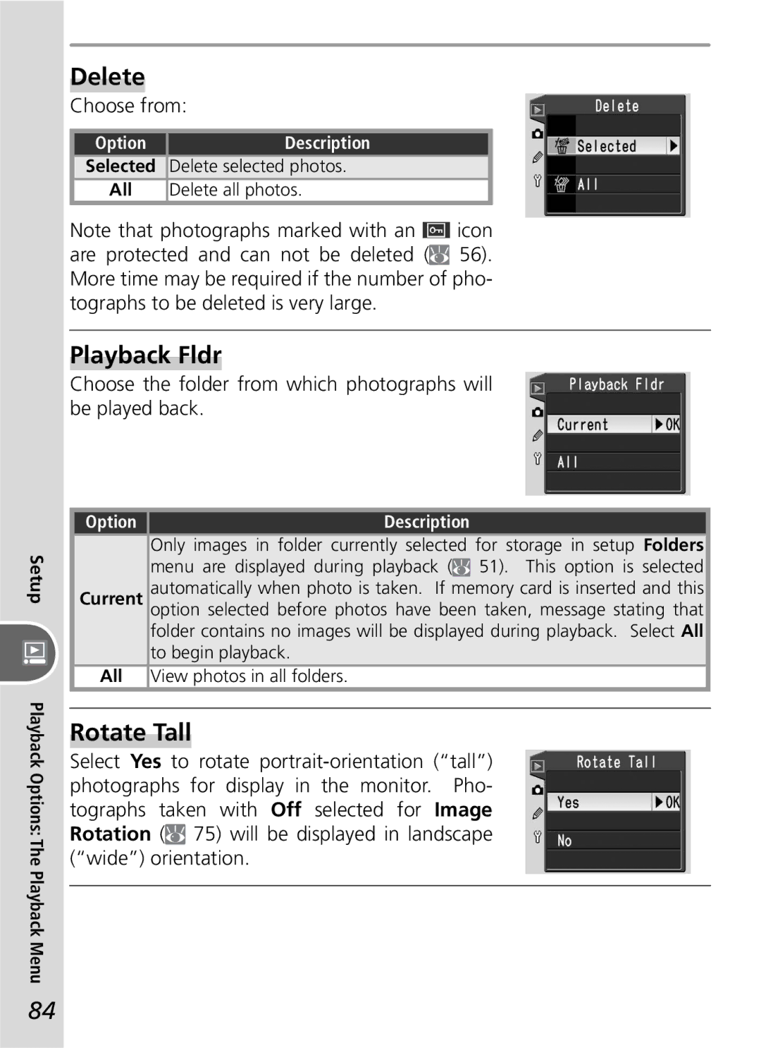 Nikon D50 manual Delete, Playback Fldr, Rotate Tall, Choose from, All 