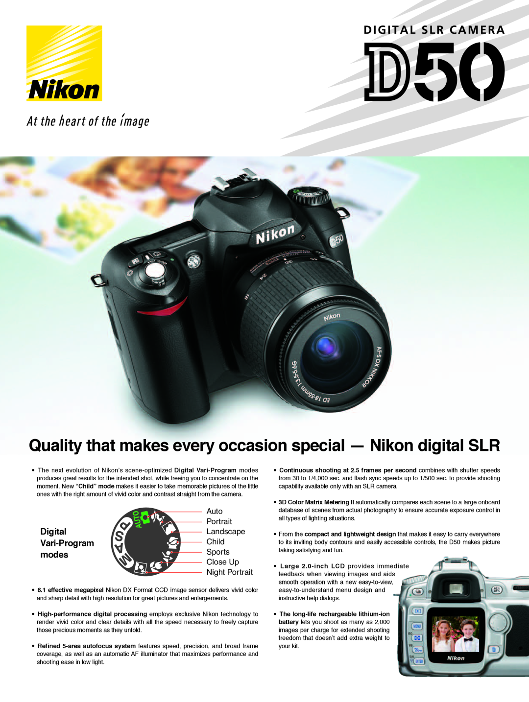 Nikon D50 manual Quality that makes every occasion special - Nikon digital SLR, Digital, Vari-Program, modes, Auto, Child 
