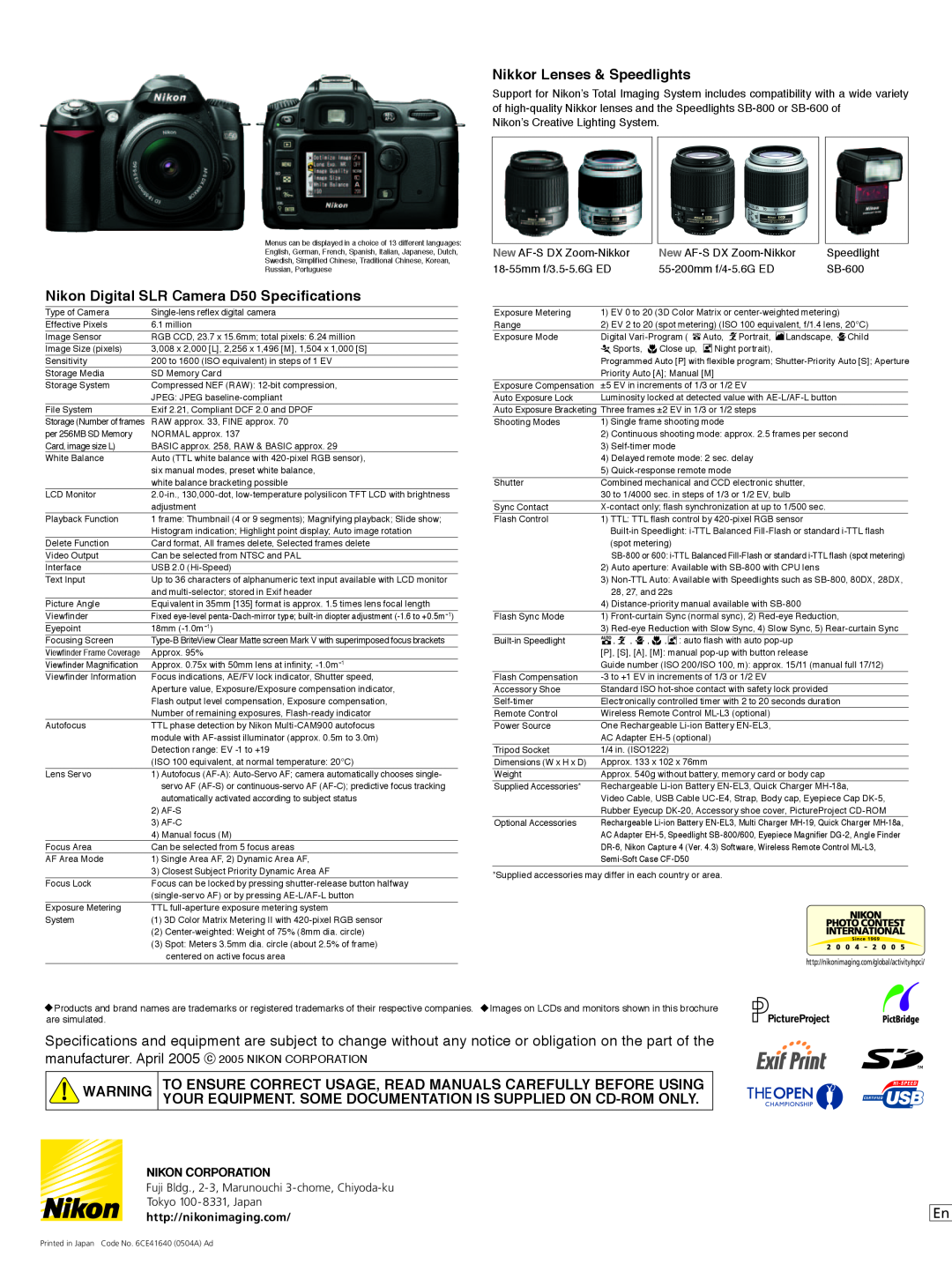 Nikon manual Nikon Digital SLR Camera D50 Specifications, http//nikonimaging.com 