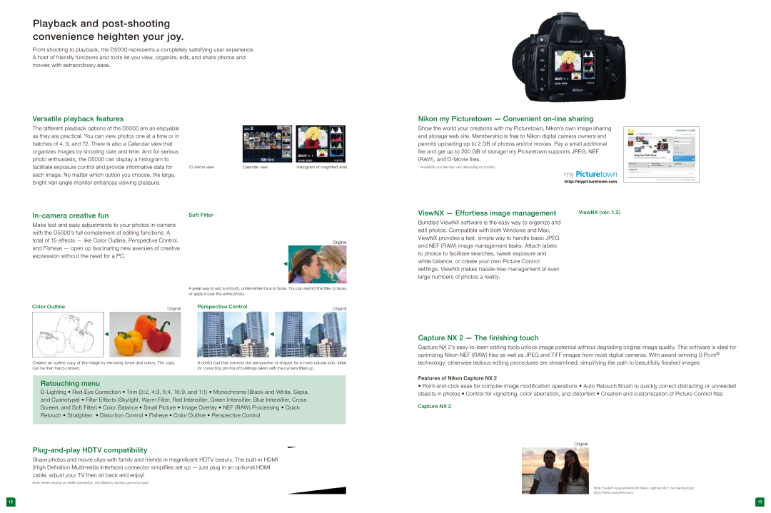 Nikon D5000 manual Versatile playback features, In-camera creative fun, Nikon my Picturetown Convenient on-line sharing 