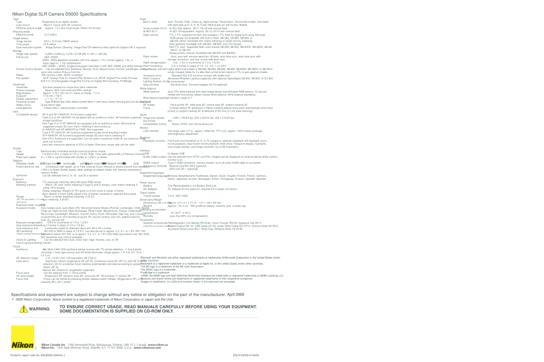 Nikon manual Nikon Digital SLR Camera D5000 Specifications 