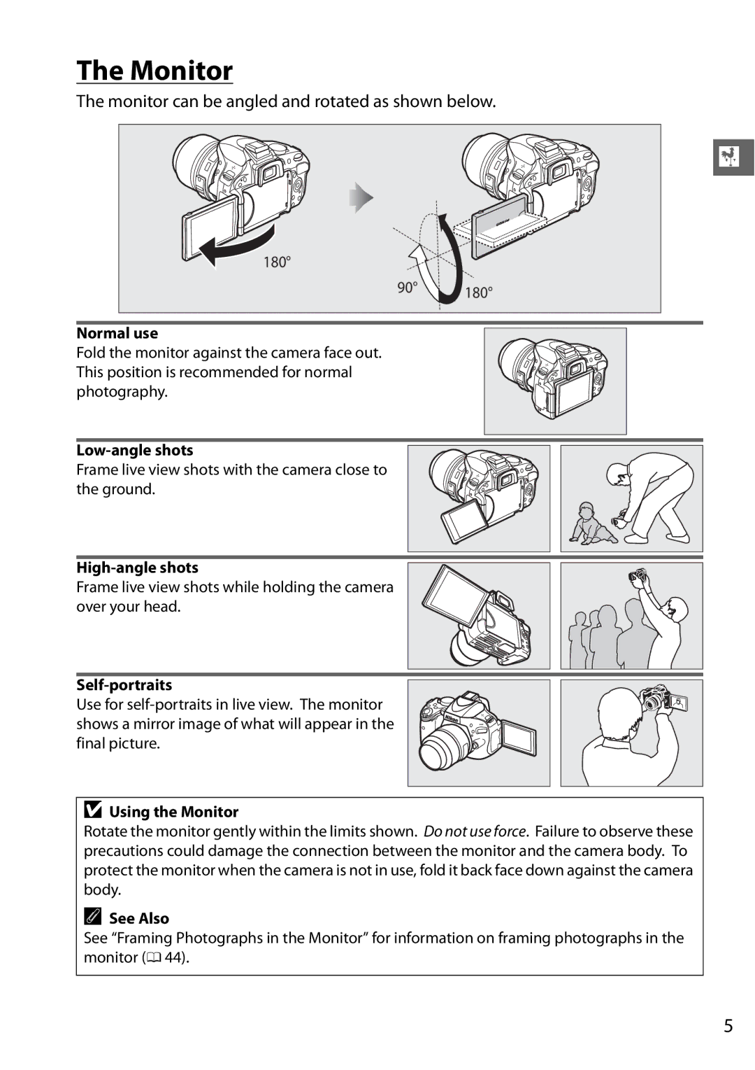 Nikon D5100 (18-55mm Kit), D5100 1855mm Kit, 25478B, 25476 user manual Monitor can be angled and rotated as shown below 